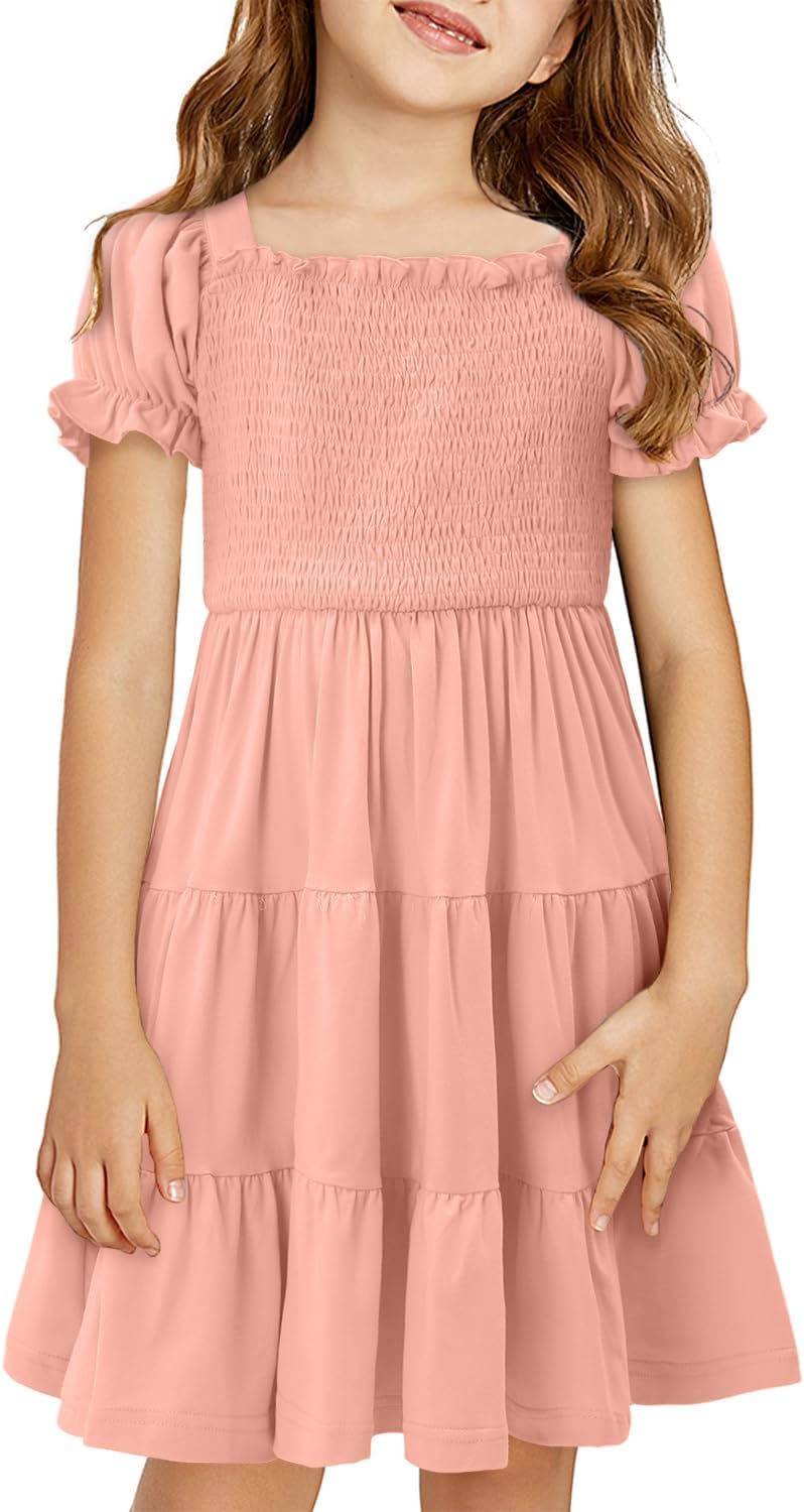 Yoklass Girls Casual Smocked Dress Square Neck Puff Short Sleeve Ruffle Dresses 4-13 Years