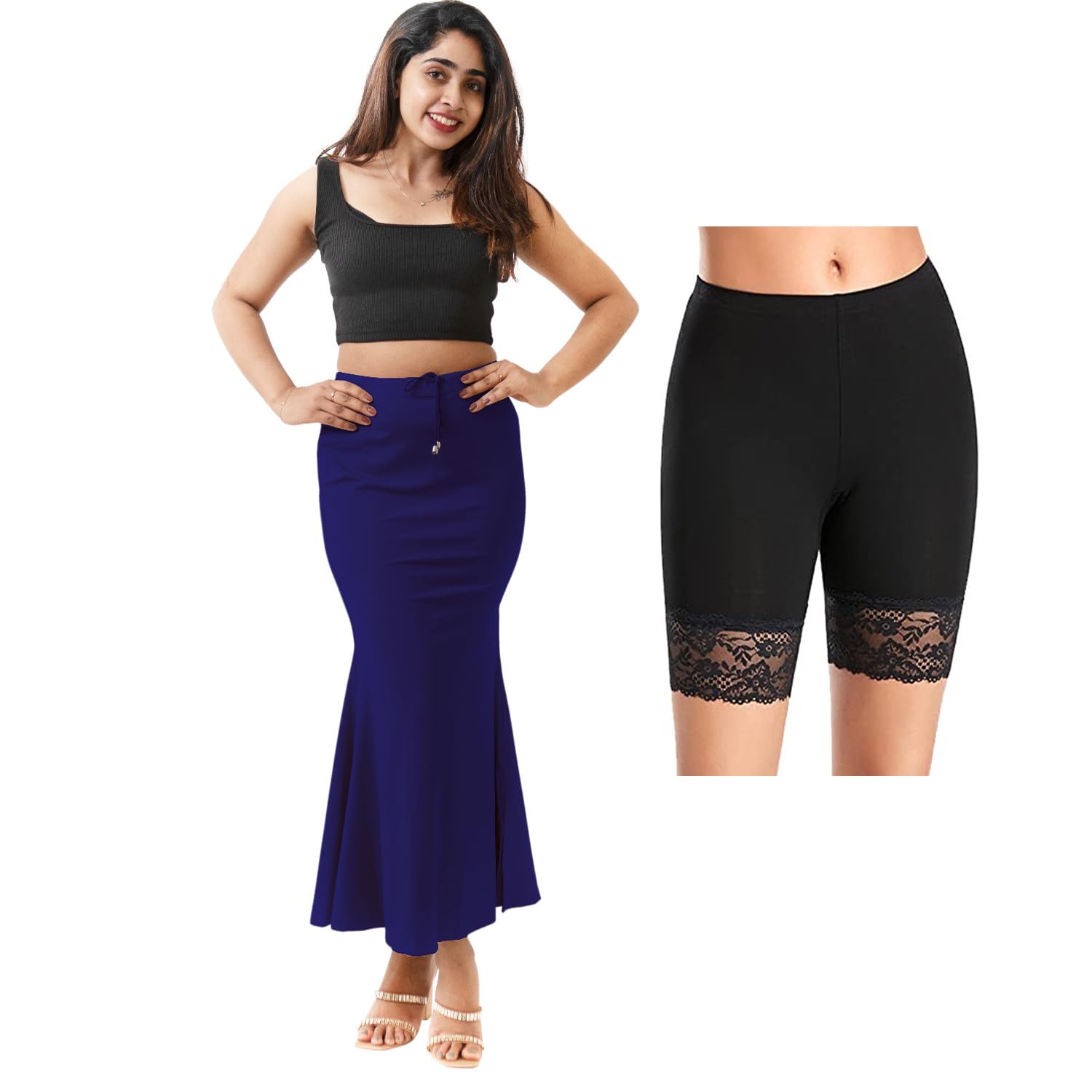 COOL WHITE Saree Shapewear for Women with 1 Comfy lace Shorts Combo | Shapewear Petticoat for Saree | peticote Shapewear for Saree | Petticoats | Shape Wears for Ladies|Petticoat for Women