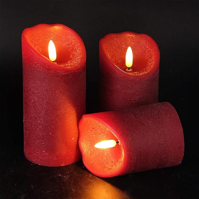 Eldnacele Red Flameless LED Candles, Battery Operated 3D Wick Pillar Candles with 6hrs Timer, Real Wax Warm White Flickering Light Set of 3 for Wedding Christmas Bedroom Decoration (D3 x H456)