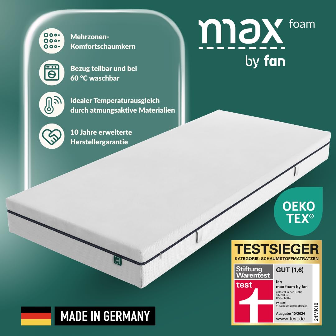 fan max Foam Komfortschaum Matratze TESTSIEGER Stiftung Warentest - 90 x 200 cm - mittel bis fest, Mehrzonen-Komfortschaumkern, Bezug waschbar bis 60 °C, Made in Germany, 10 Jahre Herstellergarantie