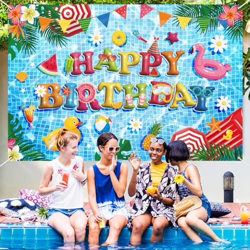 Image of Pool Party Decorations, 5x3Ft Blue Happy Birthday Pool Party Backdrop Banner Summer Pool Birthday Decorations for Summer Vacation Party Supplies Photo Booth Props