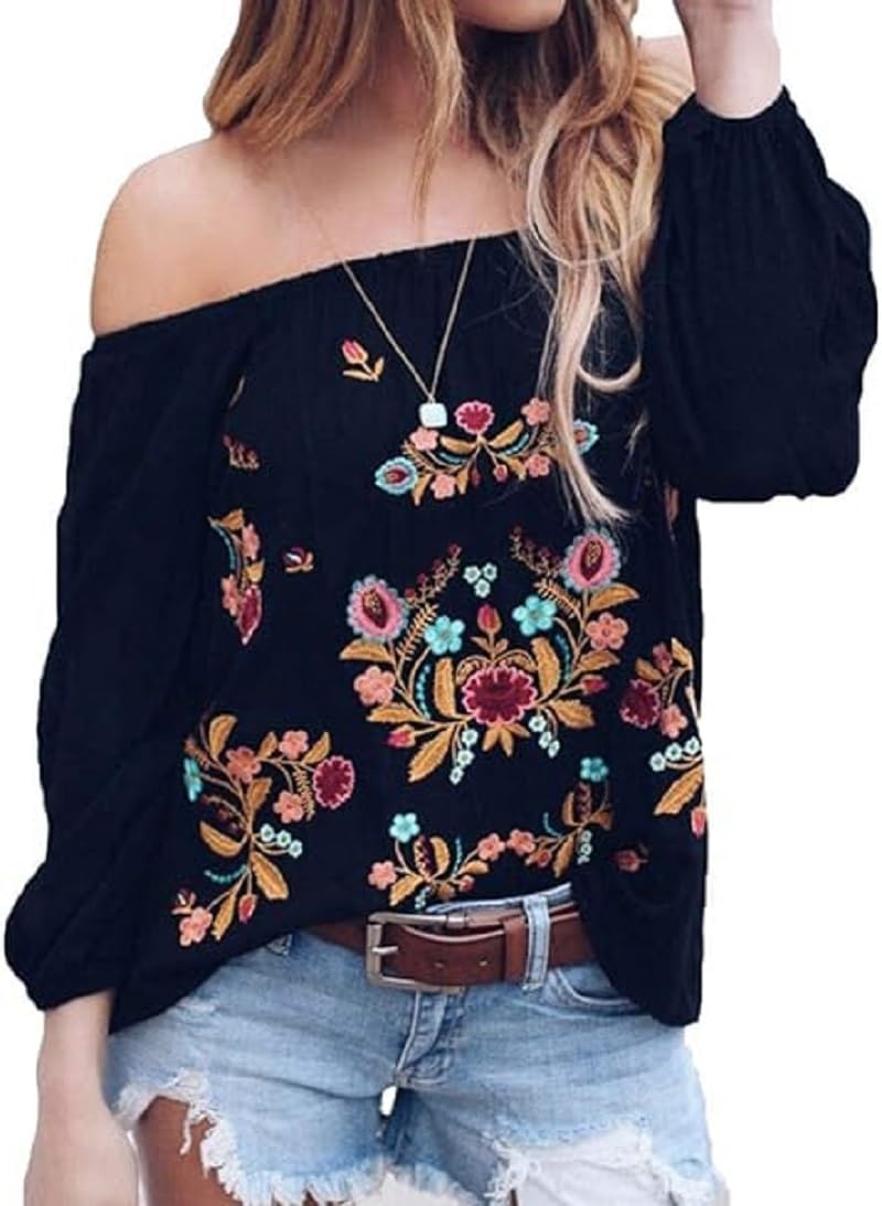Women Embroidered Off Shoulder Long Sleeve Bohemian Floral Blouse Top Tshirt