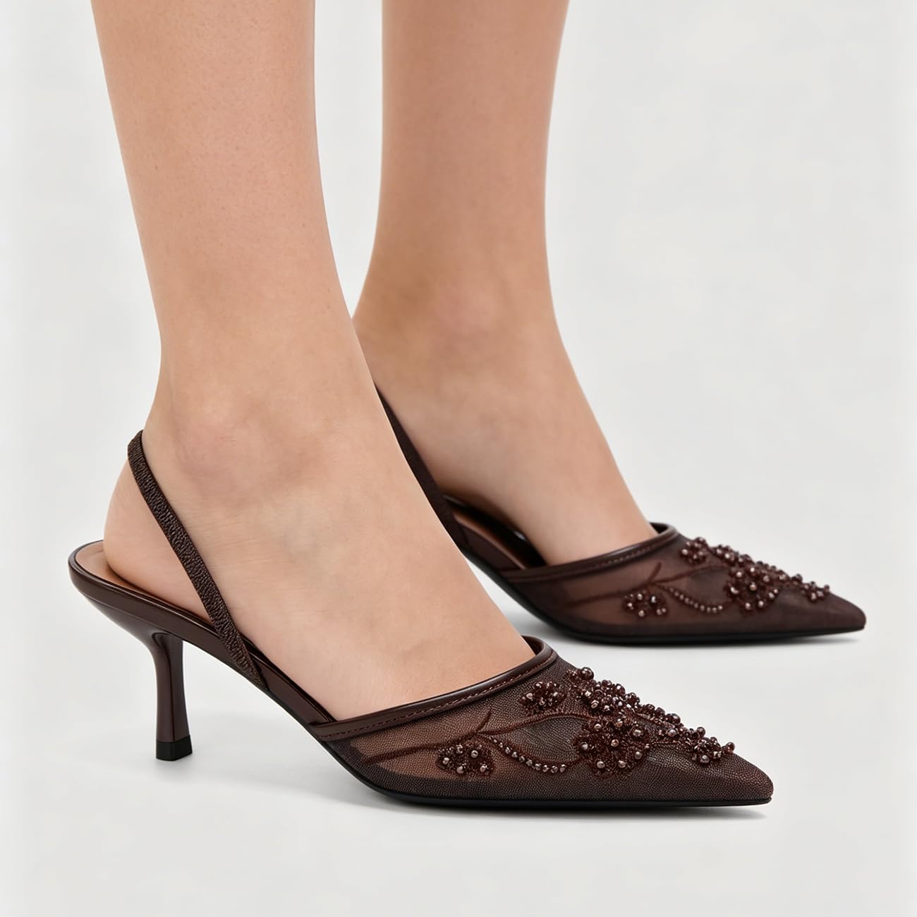 Fashion Mesh Slingback Pumps Shoes for Women Ankle Strap Pointed Toe Pumps