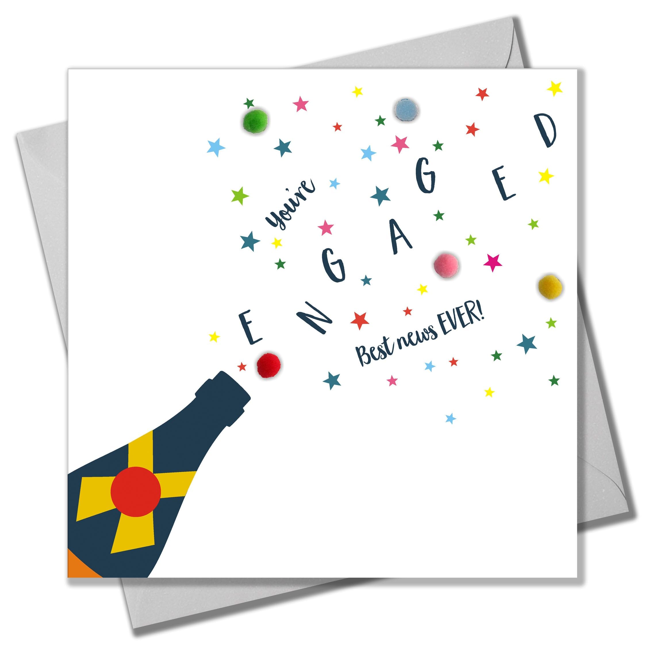 Claire Giles Greeting Cards, Wedding Card, Pop! You're Engaged Best News, Embellished with colourful pompoms