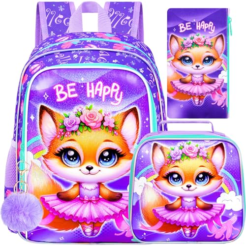 Image of CCJPX 3PCS Kids Backpack for Girls,16 inch Fox Ballet Preschool Backpacks Set, Cute Ballet Water Resistant Kindergarten School Bookbag for Elementary Kids Travel