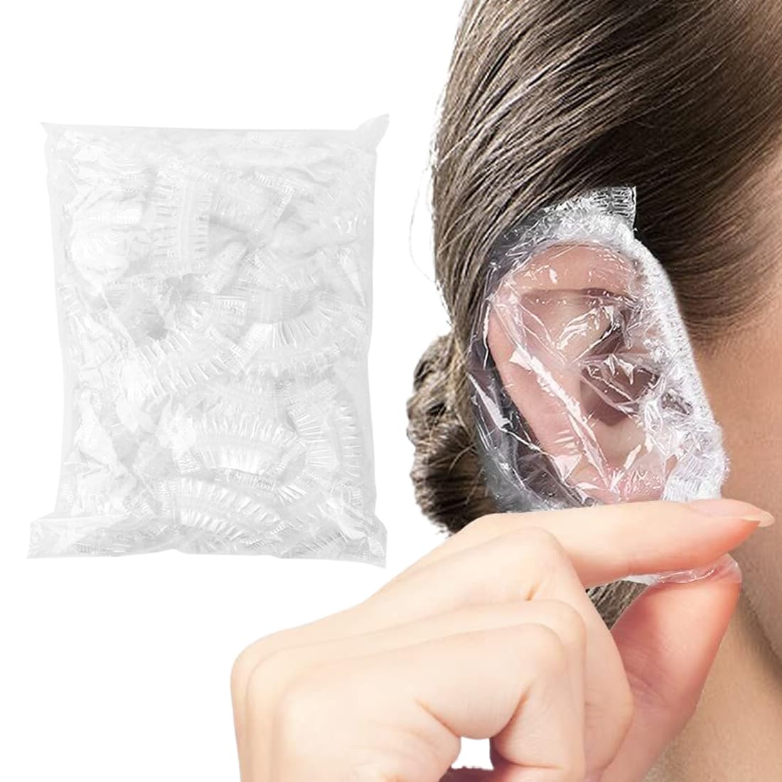 100 unidades de fundas desechables para oídos para la ducha en plástico transparente, impermeables y protectoras. Ideal para tintes de cabello, duchas, baños y spas.