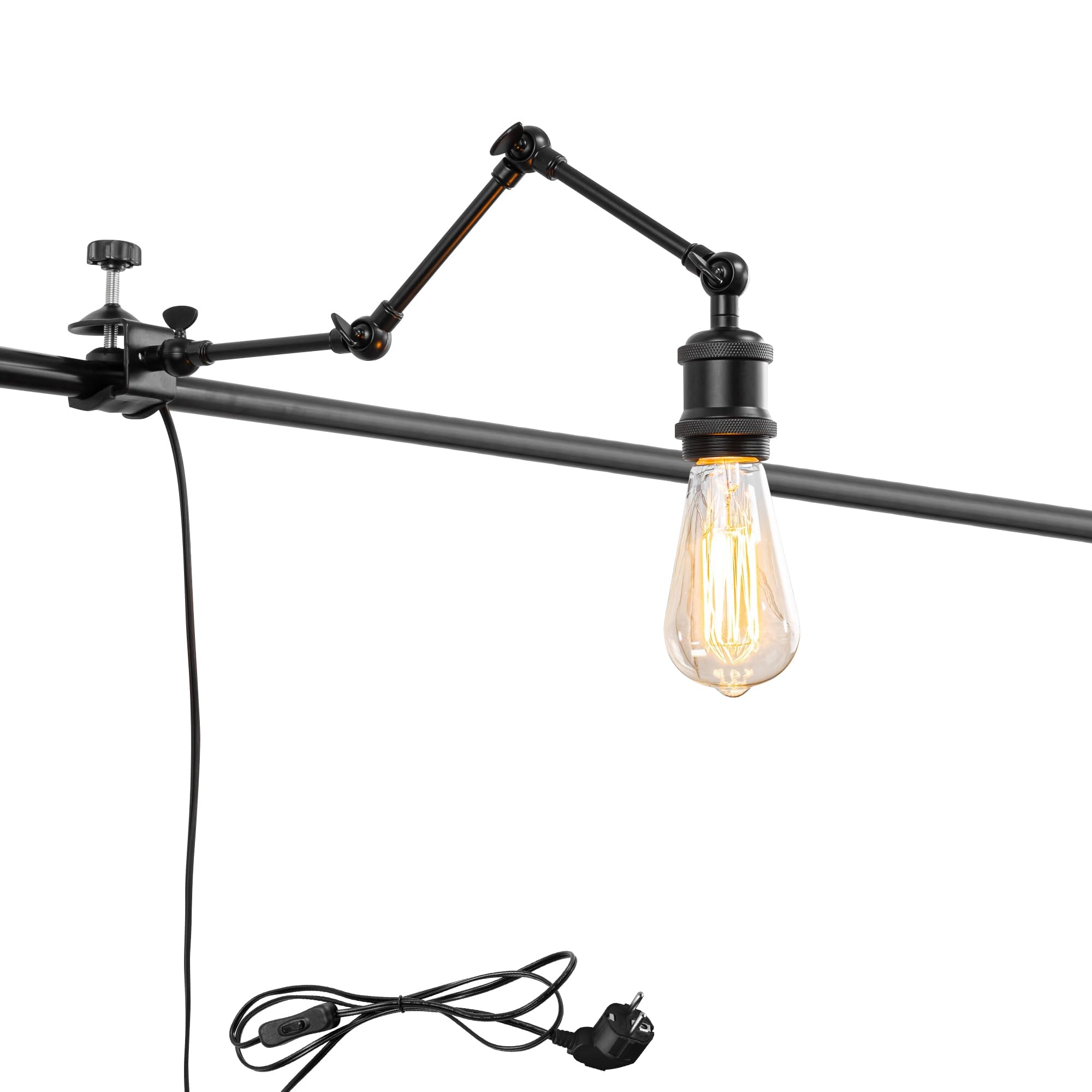 Schreibtischlampe mit Kabelschalter, Schwenkbar, Klemmlampe mit Schwenkarm und E27 Fassung für Bett und Schreibtisch, Klemmleuchte aus Metall in Schwarz,BD2795-HX