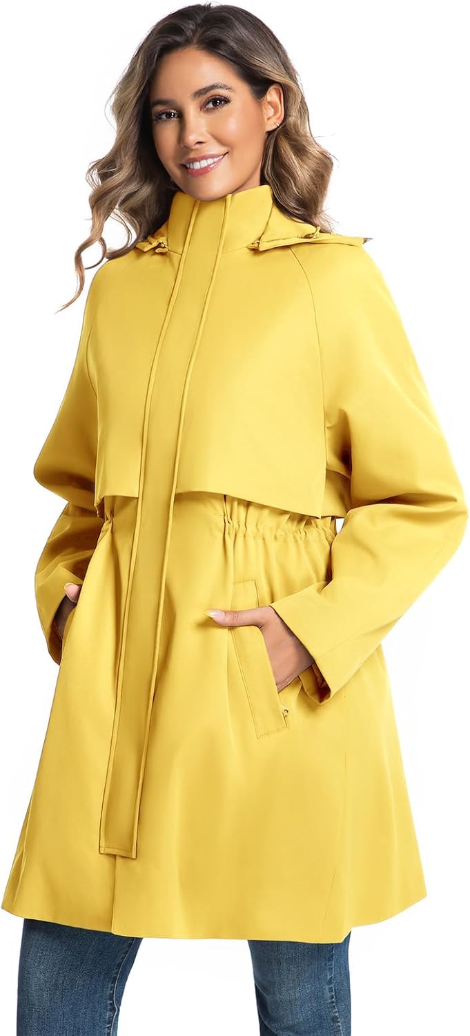Trench Jackets for Women Lightweight Waterproof Detachable Hood Coat Windbreaker Long Sleeve Raincoats with Belt - Image 2