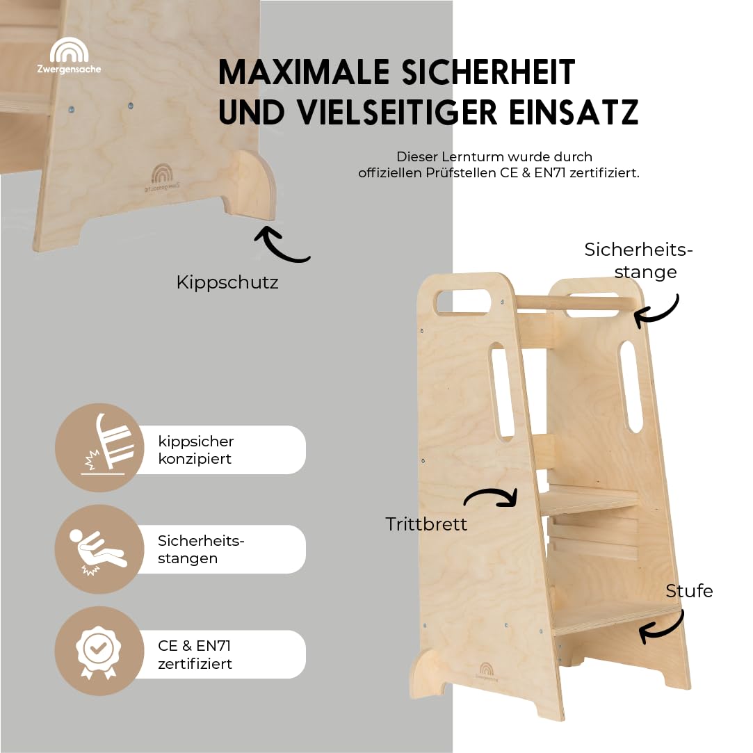 Lernturm ab 1 Jahr – Höhenverstellbar ohne Werkzeug – Kinder-Küchenhelfer, Lernturm aus Holz – kippsicher & stabil – fördert Selbstständigkeit - 1 bis 5 Jahre
