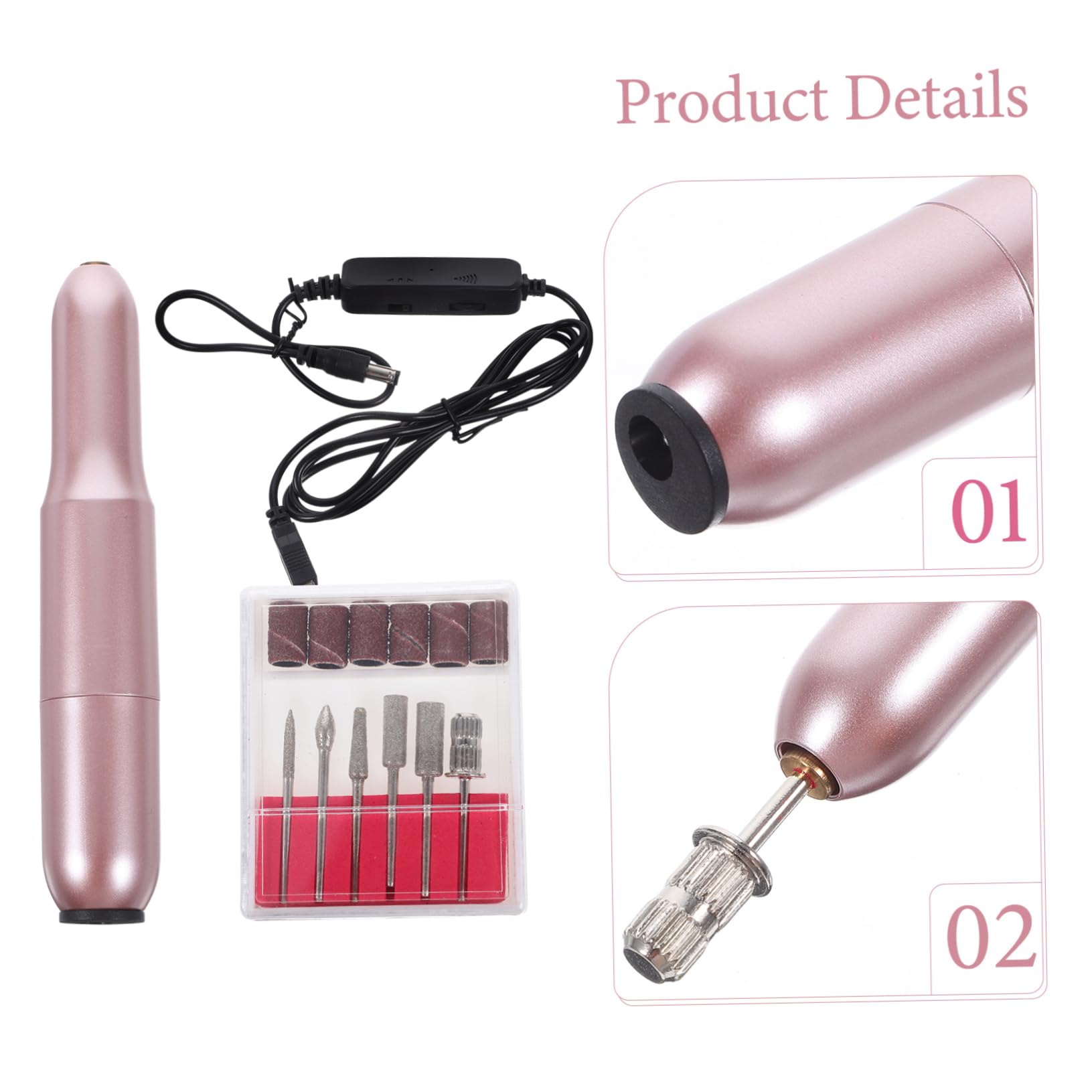 ARTSEWPLY 1Pcs USB Charging Mini Nail Grinding Machine Portable Rose Nail Polisher with LED Light Grinding Head of Replacement Heads for Manicure