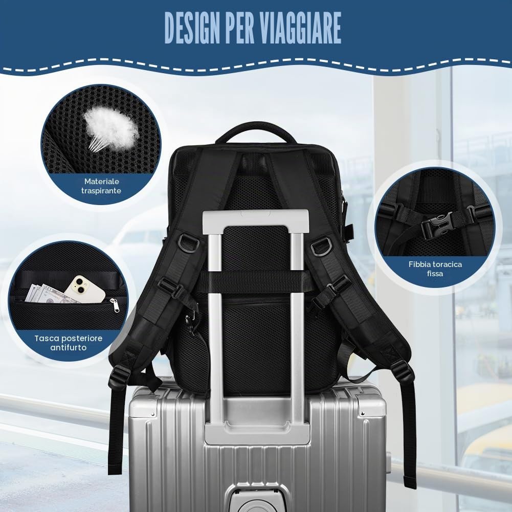 flintronic Zaino per Ryanair, Zaino da Viaggio, Aereo Bagaglio a Mano Antifurto, Borsa da Cabina, Zaino Aereo Unisex con Porta USB