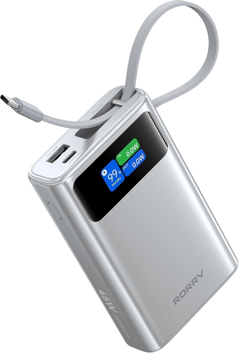 RORRY 45W Portable Charger, 20000mAh Power Bank Fast Charging with Extended Built-in USB C Cable, Travel Battery Pack for iPhone 17/16/15, Samsung Galaxy, Google, iPad, MacBook, Sliver
