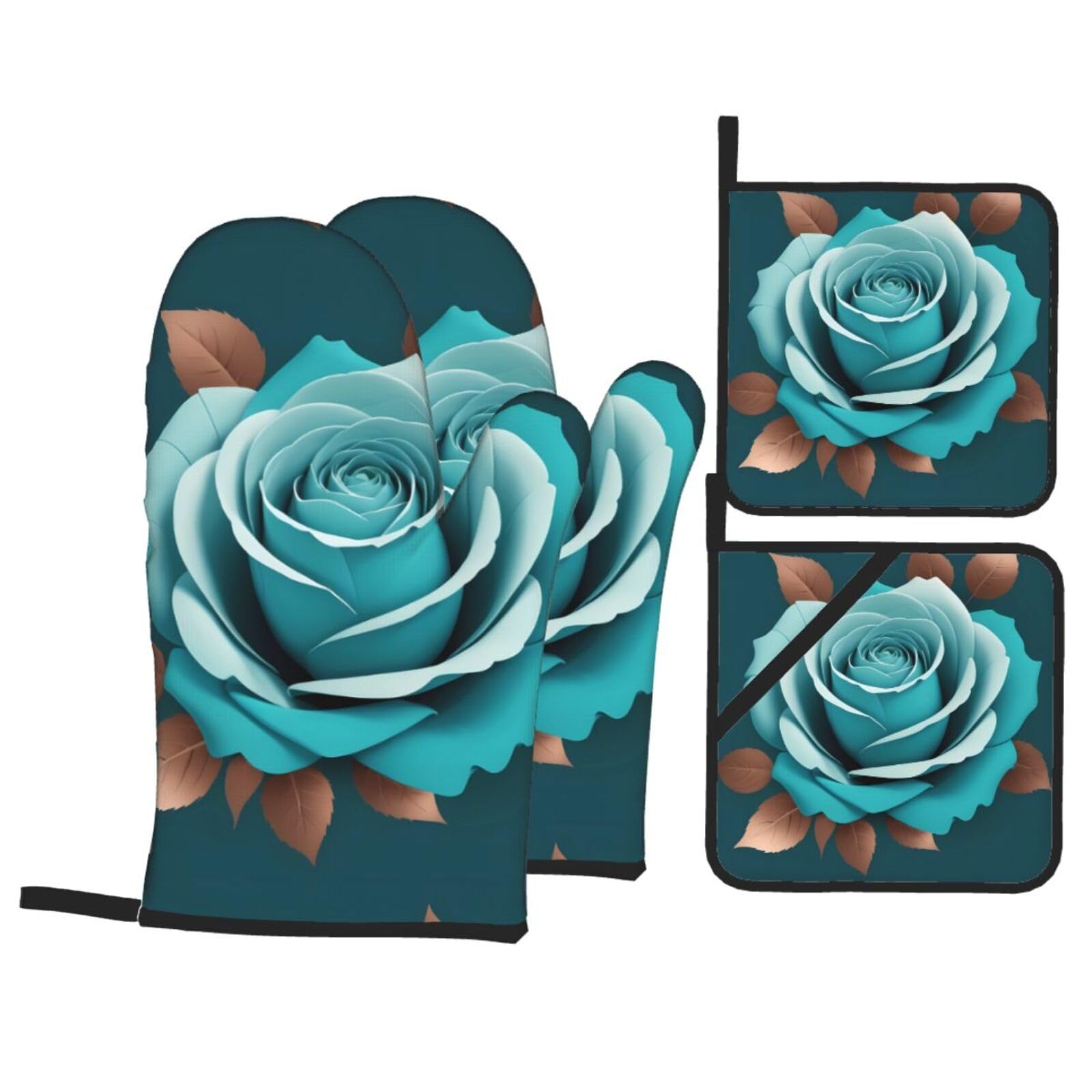 HJFCZH Turquoise Rose Picture Kitchen Baking Set of 4 Thick Insulated Oven Mitt & Pot Holders, Anti-Scalding for Microwave, Oven, Outdoor BBQ