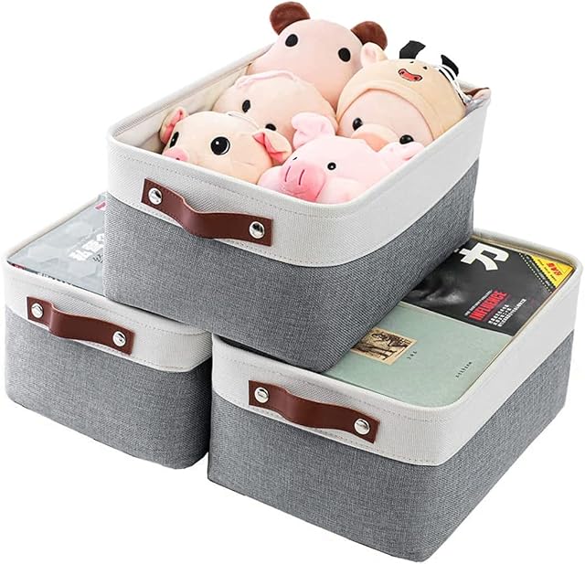 Mangata Woven Fabric Storage Boxes Set of 3, Canvas Storage Organizer for Clothes, Toys, Shelves, Cold Grey&White (Medium, 3Pack)