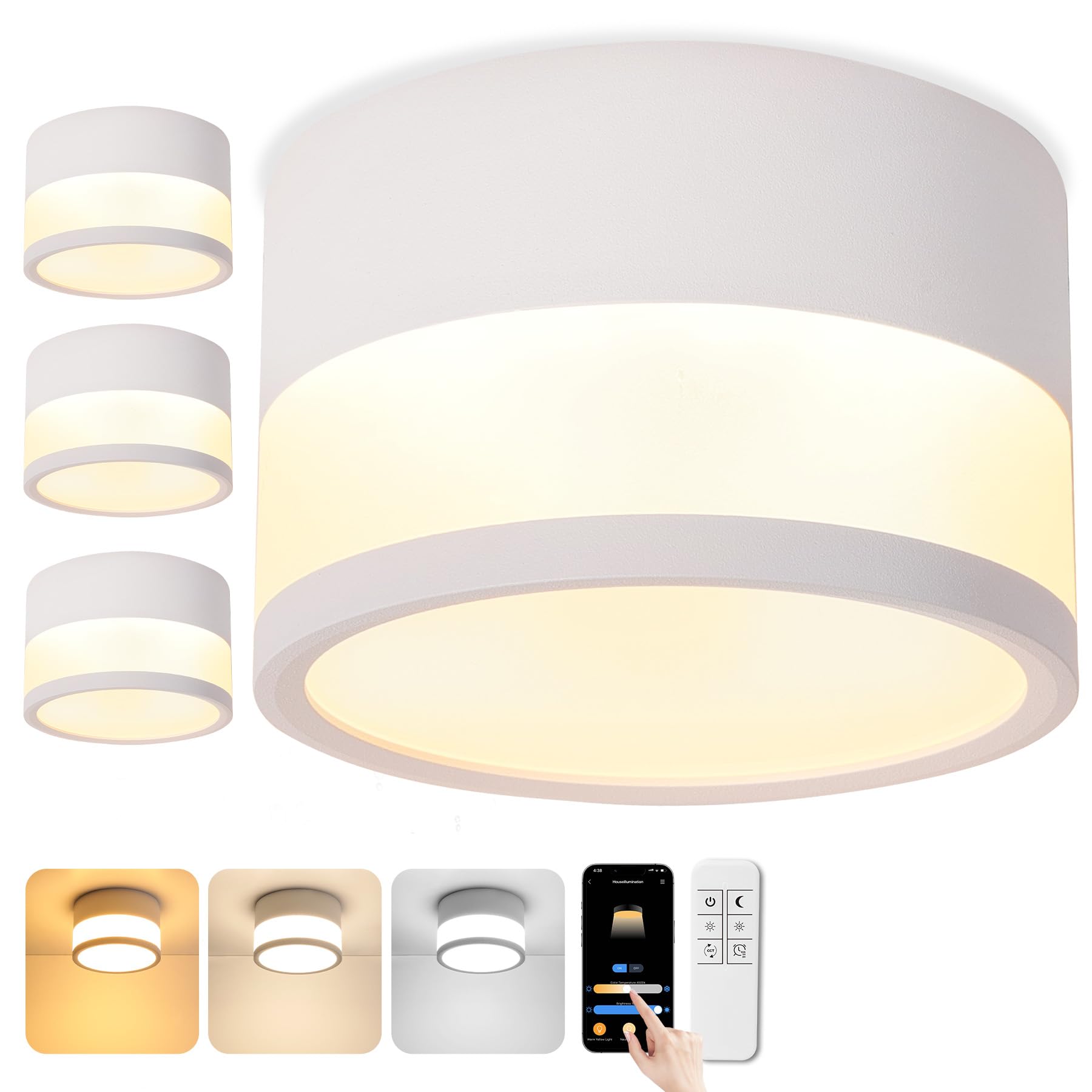 4 x reflektor sufitowy LED, możliwość ściemniania, lampa sufitowa IP65 z pilotem APP, reflektor sufitowy 12 W biały 2700K-6500K Płaski natynkowy reflektor aluminiowy 230 V, okrągły sufit
