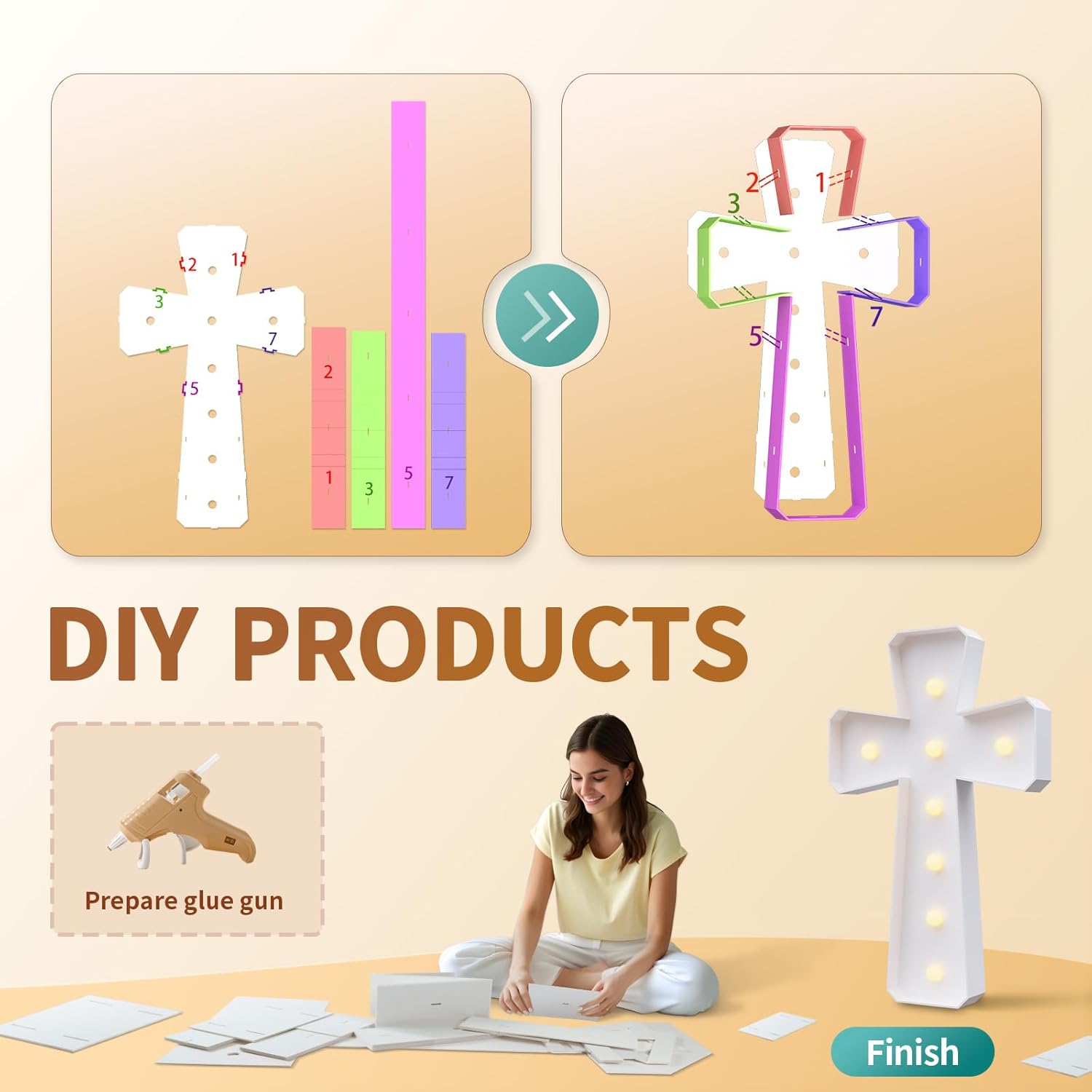 imprsv 3FT Light Up Cross for Baptism Decorations for Girl Boy, Large Marquee Cross for Mi Bautizo Decorations, Big Marquee Mosaic Frame for Baptism First Holy Communion Confirmation Party Decor