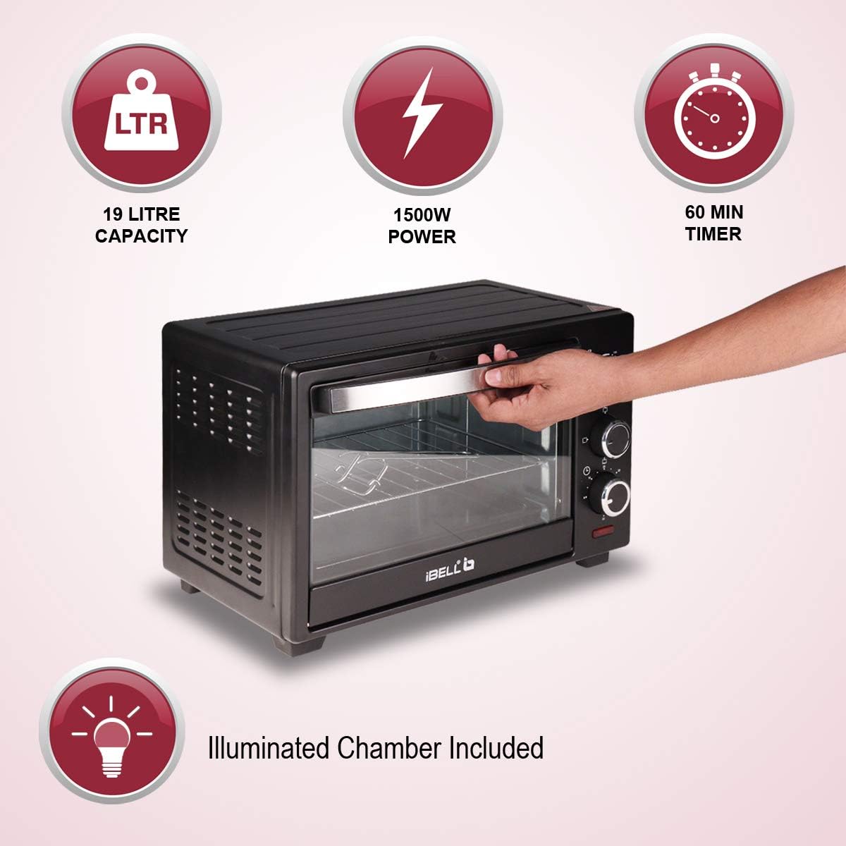 IBELL 19 Litre OTG Oven Toaster Grill with labeled parts