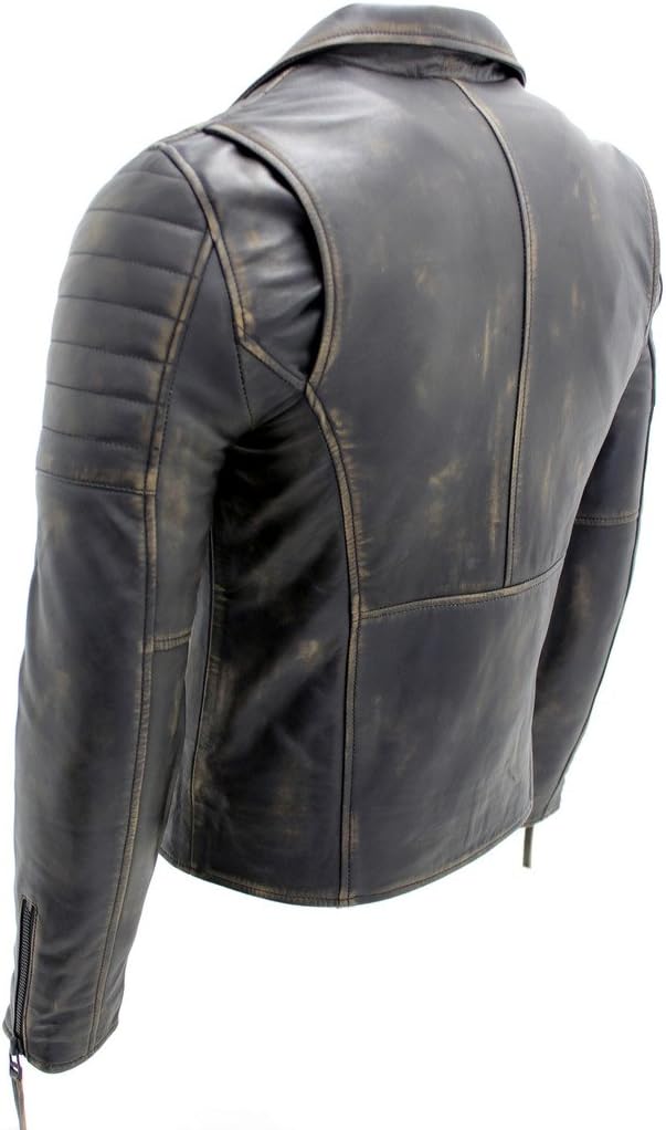Men's Black Slim Fit Cross Zip Vintage Brando Leather Biker Jacket