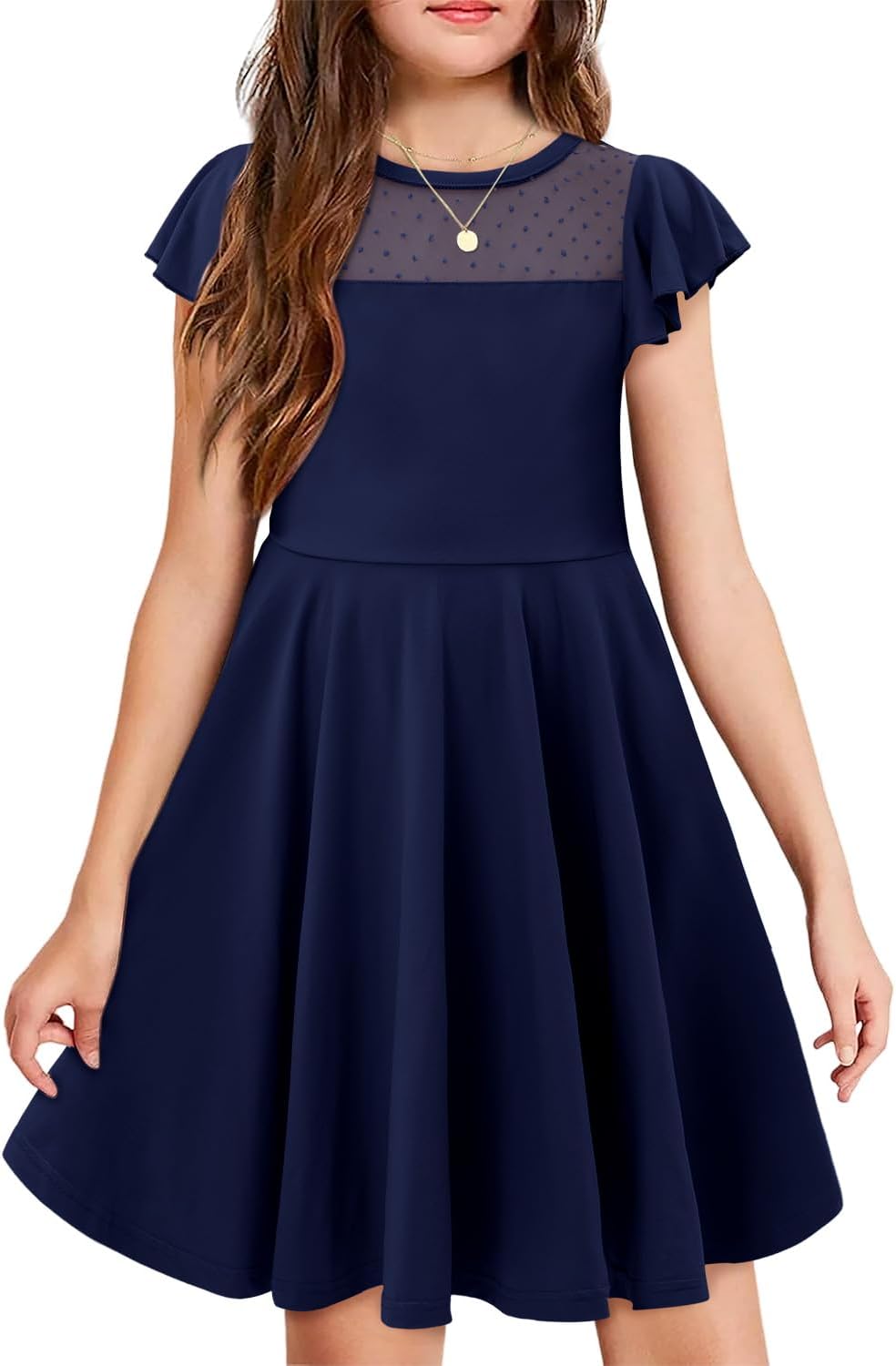 Yoklass Girls Dress Casual Round Neck A Line Ruffle Sleeve Knee Length Dresses 4-13 Years