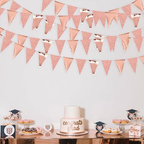 Vista 91 de Banderín de lunares rosados plateados de 30 pies, color rosa y plateado, banderines triangulares, guirnalda de banderines para baby shower, Rosa