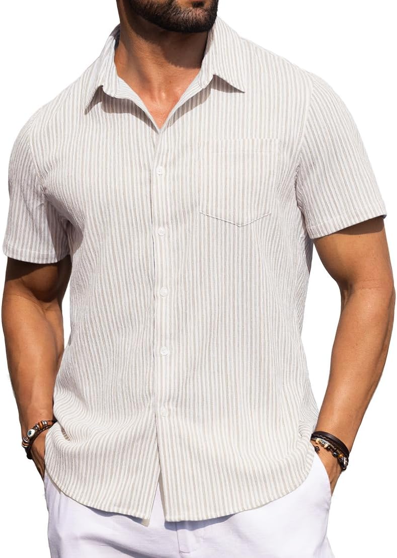 Sailwind Men's Casual Button Down Shirts Short Sleeve Striped Beach Summer Vacation Shirt with Pocket - Image 2