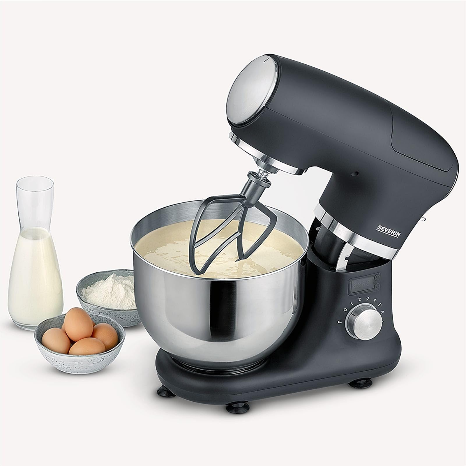 Severin KM 3897 wielofunkcyjny robot kuchenny, robot planetarny z odlewanego aluminium, moc 1000 W, misa o poj. 5,5 litra, do ciasta 3 kg, akcesoria: hak do zagniatania, mieszadło płaskie i trzepaczka