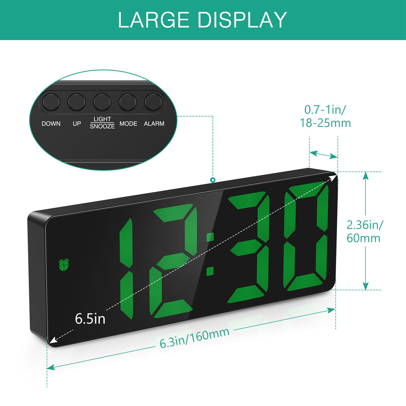 ORIA Sveglia Digitale da Comodino, Sveglia LED con Attivazione Vocale e Touch, Orologio da Tavolo con Data, Temperatura, Snooze, Luminosità su 3 Livelli, Alimentazione a Batteria/USB per Casa - Verde