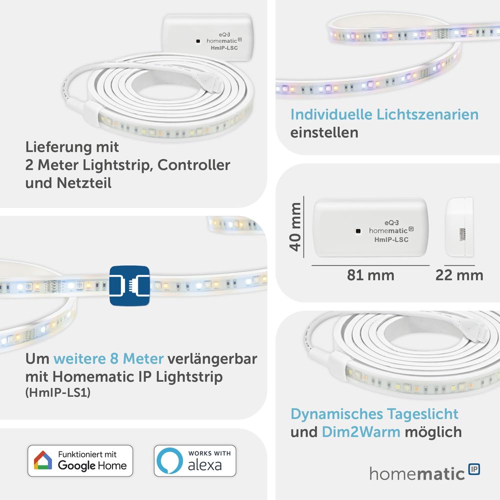 Homematic IP Smart Home Lightstrip Starter Set, 3m, indirekte Beleuchtung, Steuerung per App, Google Assistant und Alexa