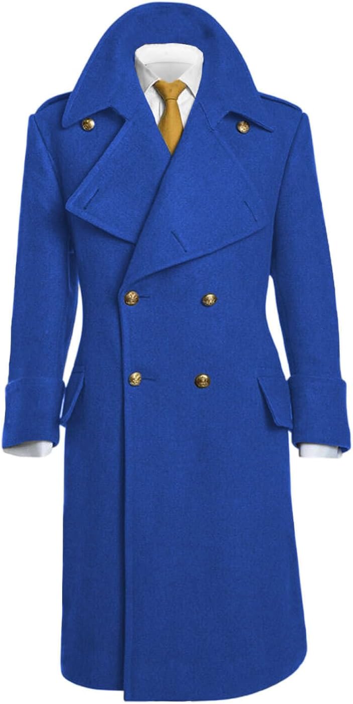 Casual Men's Regular Fit Long Overcoat Wool Blend Pea Jacket Double Breasted Notch Lapel Trench Coat in Winter