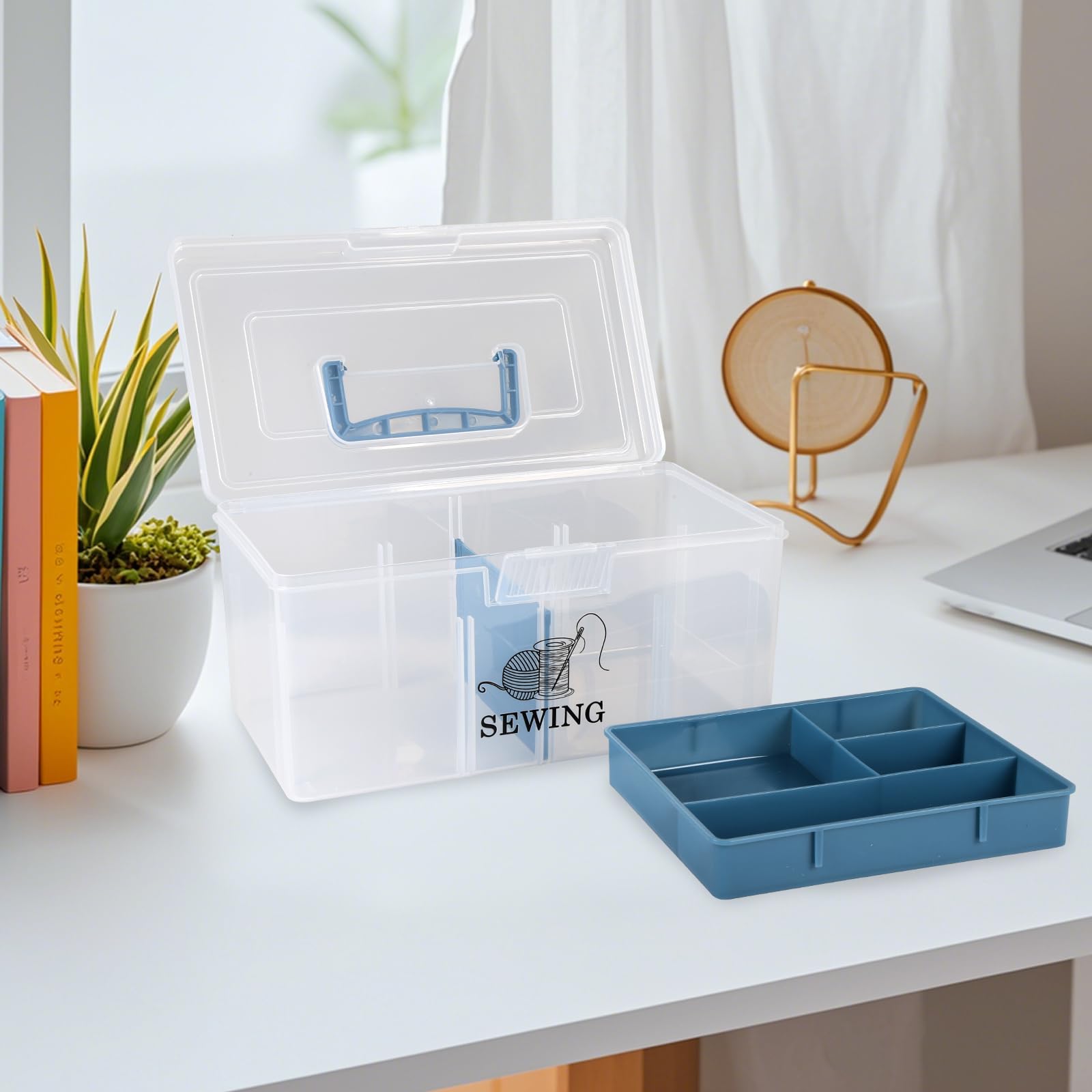 Cestino da cucito a 2 strati con maniglia per il trasporto, scatola da cucito trasparente vuota in plastica con inserto e coperchio ribaltabile, contenitore per accessori da cucito, filati, bottoni e