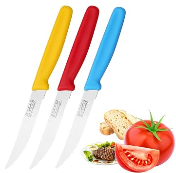 3-Pack Tomato Knife with Premium Serrated Stainless Steel Blade, 4.1 Sharp Tomato Knives & Onion Cutter, Ergonomic Plastic Handle for Slicing Vegetables, Bread, Steak, Fruit and Meat