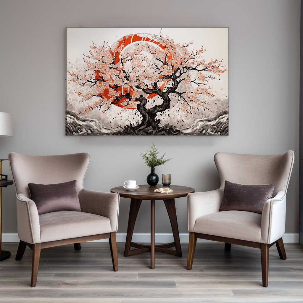 Canvas for Living room. Whispers of Spring Amidst the Gnarled Giants Under a Crimson Moon, 27 x 18 inch Canvas Wall Art - Modern Home Decor - 91x61 cm (36x24 inch)