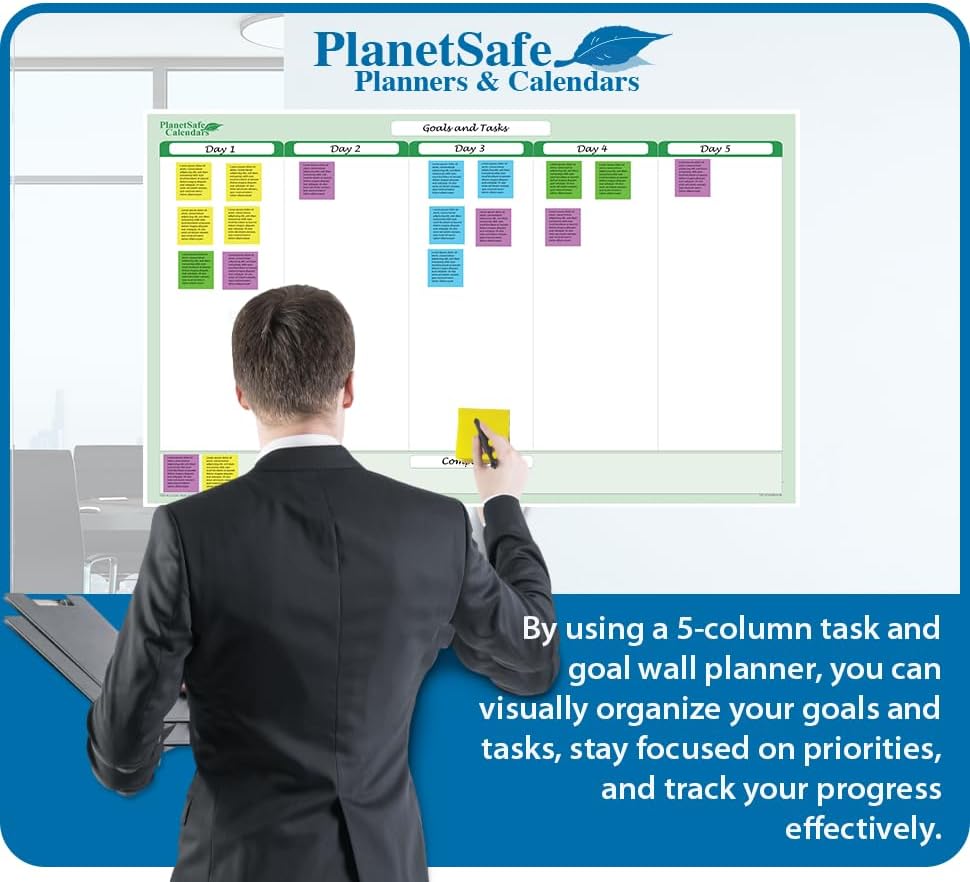 Miniatura 2 de Earth Green - Organizador de pared de 5 columnas borrables en seco, para tareas, objetivos y objetivos, 24 pulgadas de ancho x 19 pulgadas de alto,