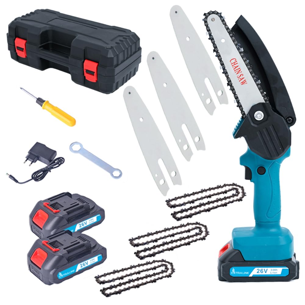 Mini motosierra bateria Extralink, 6 pulgadas 2x batería de 3 Ah, tamaño compacto, motor potente y 3x cadena de acero endurecido duradera para un corte uniforme, empuñadura cómoda, motosierra de mano