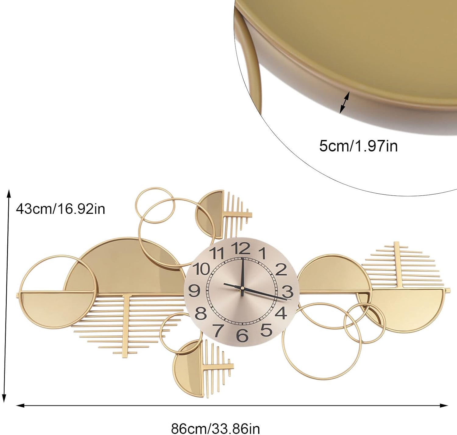 Large Wall Clock, 33''L × 17''H Modern Silent Wall Clock Gold Dial Metal Retro Clock for Indoor Living Room Kitchen Bedroom Lobby Home Decoration