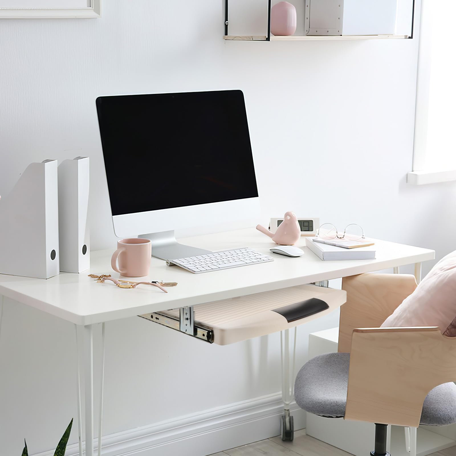 Soporte per Teclado Deslizante Extraíble bajo Escritorio Cajón ABS Plástico Gris Riel Metálico Ancho 27 CM para Ordenador Bandeja Ergonómica para Oficina y Escritorio