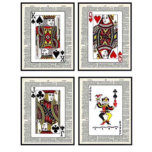 Poker Playing Cards Upcycled Dictionary Wall Art Prints - Set of Four (8X10) Vintage UNFRAMED Photos - Gift for Poker or Card Players, Great Game Room, Bar, or Man Cave Decor