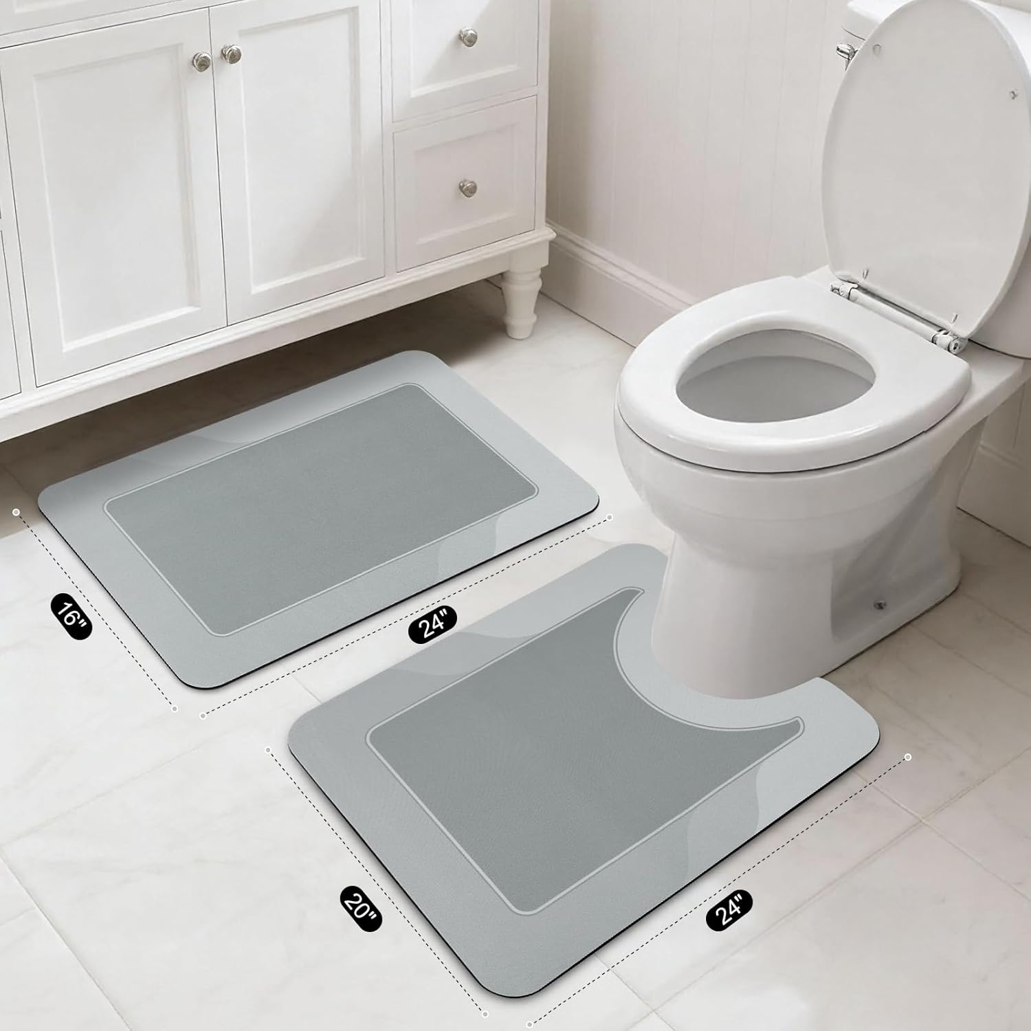 ArtyCozy Super Absorbent Stain Resistant Soft Bath Mat 2 Piece with U-Shaped Toilet Rug, Easy Care Non-Slip Thin Bathroom Rug with Rubber Backed, Grey, 16" × 24" Plus 20" × 24"