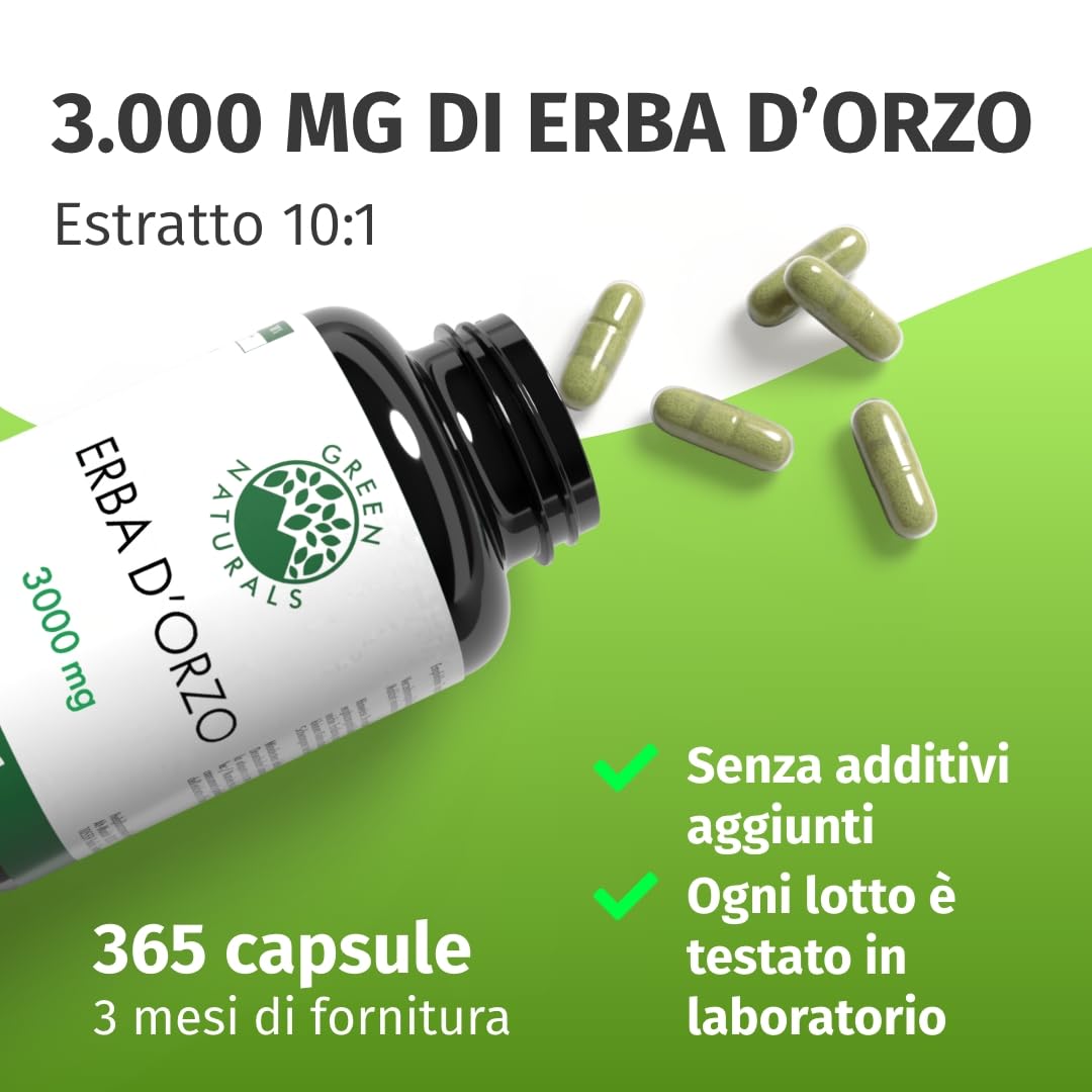 Green Naturals® Orzo verde in capsule naturale e pura - Dosaggio elevato: 3.000 mg con estratto 10:1-365 capsule (3 mesi) - Qualità premium dalla Germania - Vegane e testate in laboratorio