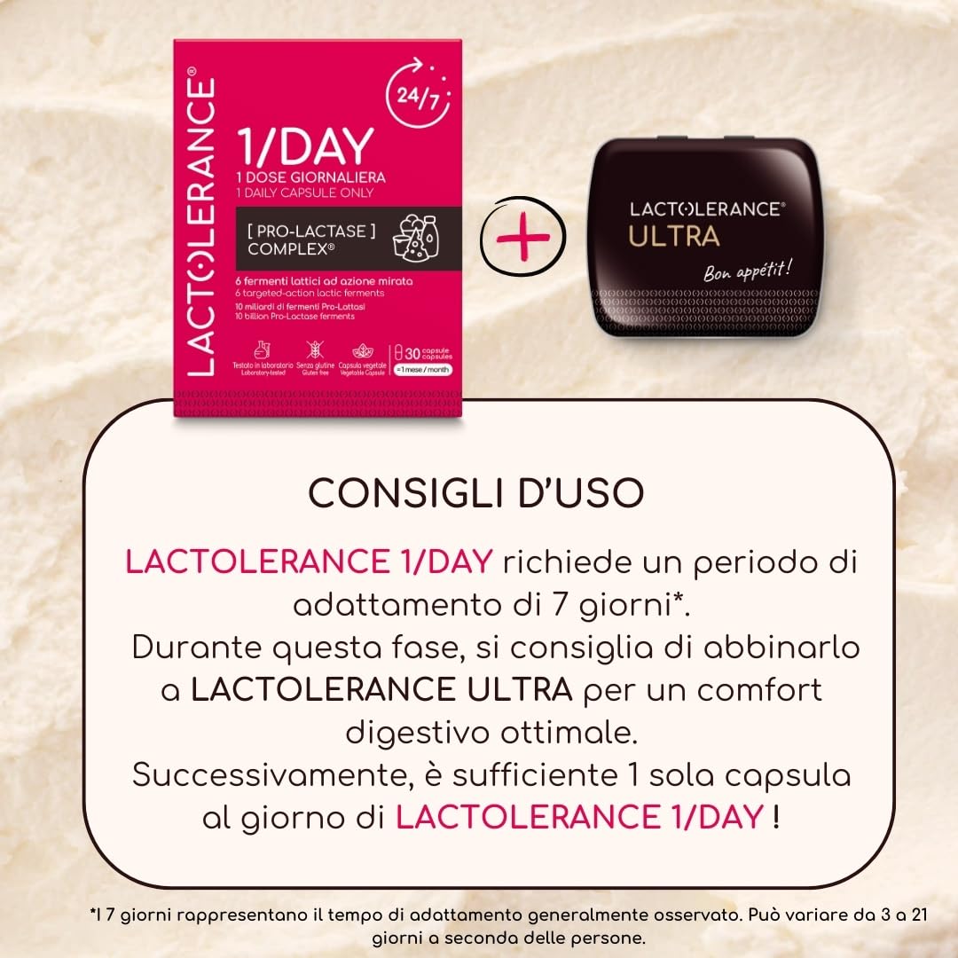 LACTOLERANCE 1/DAY Probiotici Precursori di Lattasi, 24h, 180 Capsule | 1 sola assunzione al giorno, protezione continua 24 ore su 24, fermenti lattici, confezione 6 mesi