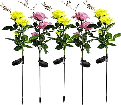 Braiton 5PCS Solar Rose Flower Lights LED Waterproof Solar Yard Decorations Lights Solar Powered Landscape Lights for Lawn,Porch Walkway Christmas Romantic Party,Pink&Yellow