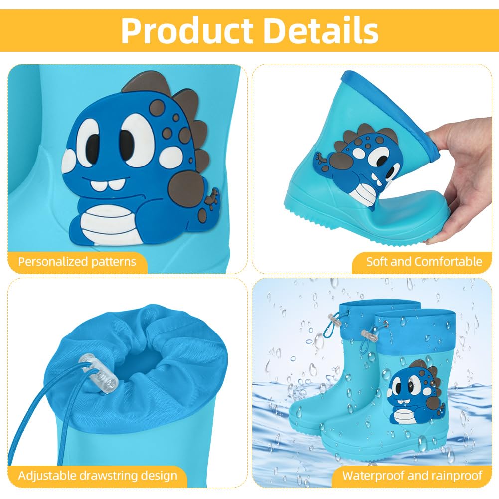 Aomig Botas de Agua Niños, Botas de Lluvia de Dinosaurio, Impermeable y Antideslizante con Cordón Ajustable en el Cuello, Bota de Agua Ligera — view 4