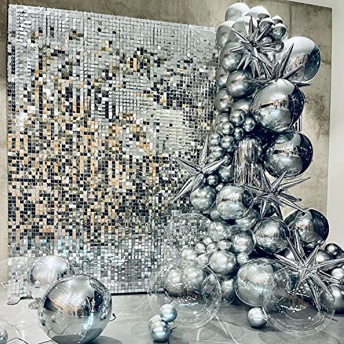 Image of COKAOBE Silver Shimmer Wall Backdrop, 24PCS Square Sequin Shimmer Backdrop Panel, Photo Backdrops for Birthday, Anniversary, Wedding, Graduation & Bachelorette Party Decoration