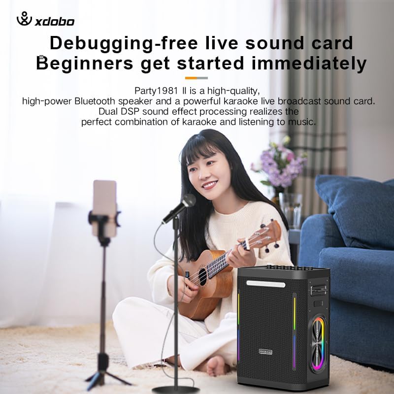 Person playing ukulele and singing into a microphone with xdobo speaker