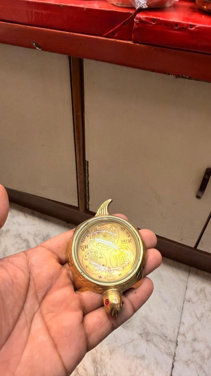 Brass Feng Shui Tortoise Compass with Sanskrit Yantra Design, Gold Tone