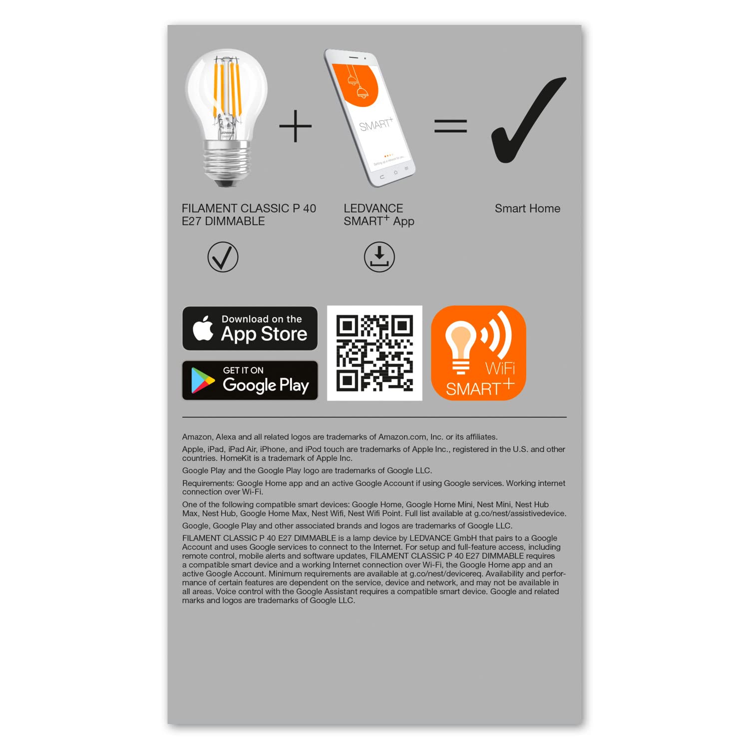 LEDVANCE Smarte LED-Lampe mit Wifi Technologie, Sockel E27, Dimmbar, Warmweiß (2700K), Tropfenform, Klares Filament, Ersatz für herkömmliche 40W-Glühbirnen, steuerbar mit Alexa, Google & App, 4er-Pack