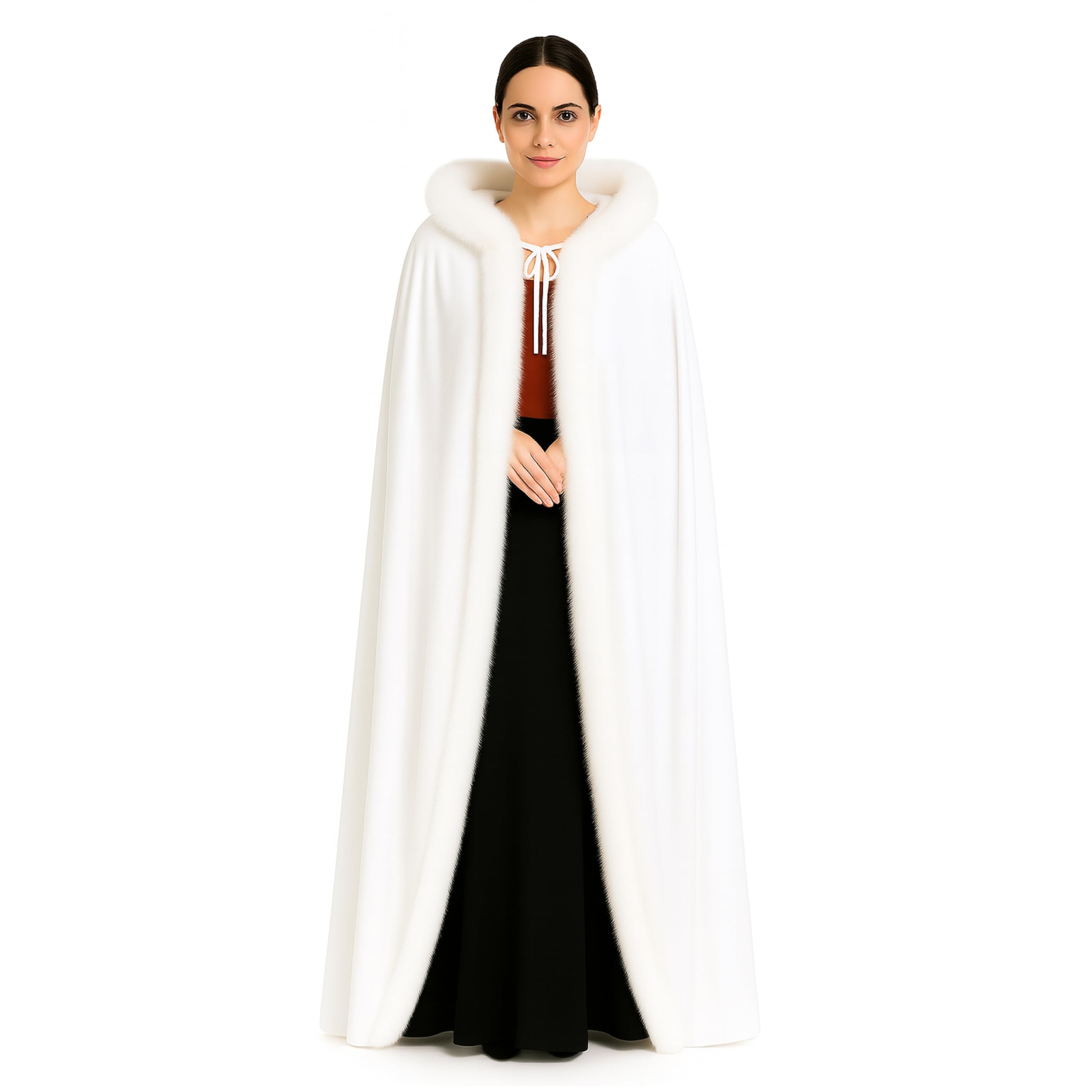 Long Velvet Hooded Cloak with Faux Fur Trim Full-Length Cape for Women Cosplay Costume Halloween Christmas