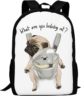 Kids Pug Dog Backpack for Boys Girls Funny Pug in Back Carrier Bookbags Elementary Middle High School Bag Large Capacity 17 inch Big Student Backpack for School & Travel