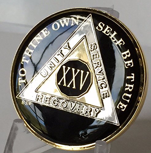Bright Star Press 25 Year Classic Black Aa Alcoholics Anonymous Medallion Chip Tri Plate Gold & Nickel Plated Serenity Prayer #TOP3