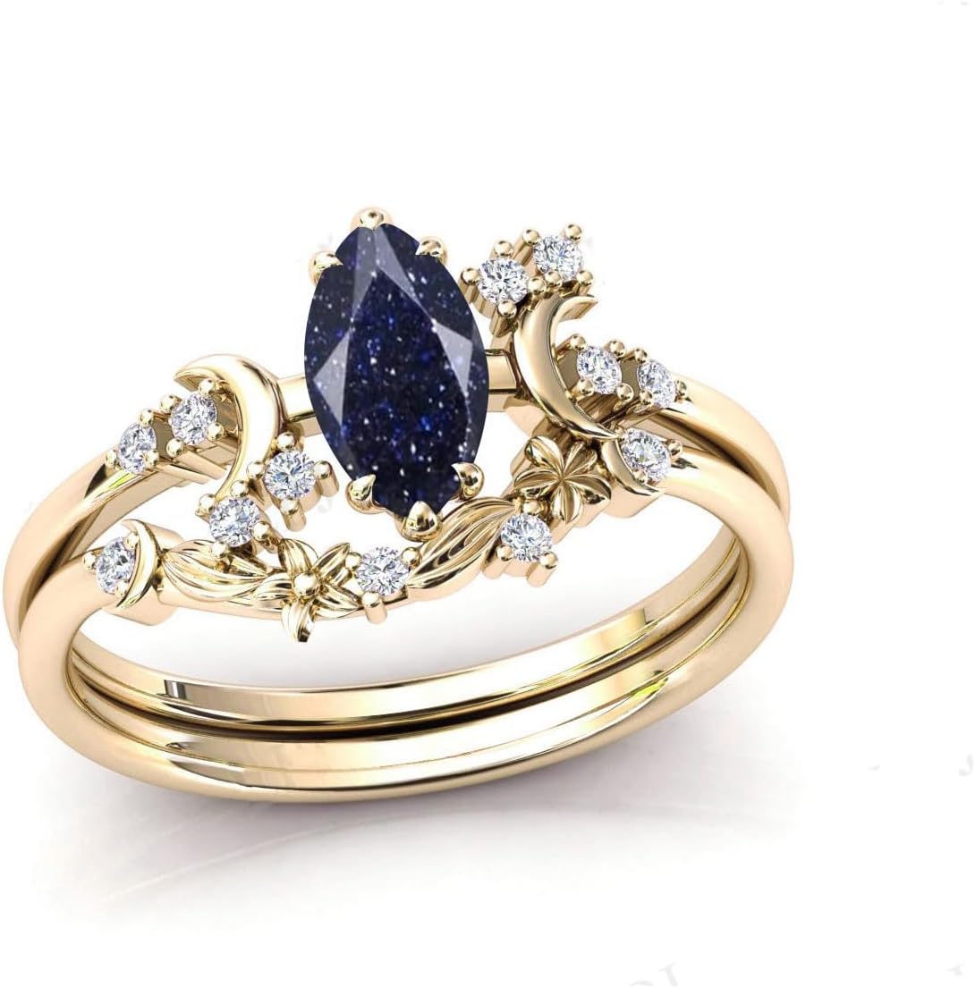 10K 14K 18K Black Gold Marquise Gemstone Engagement Ring Set for Women 925 Sterling Silver Gemstone Triple Moon Goddess Art Deco Bridal Wedding Ring Set (Size 4-15)